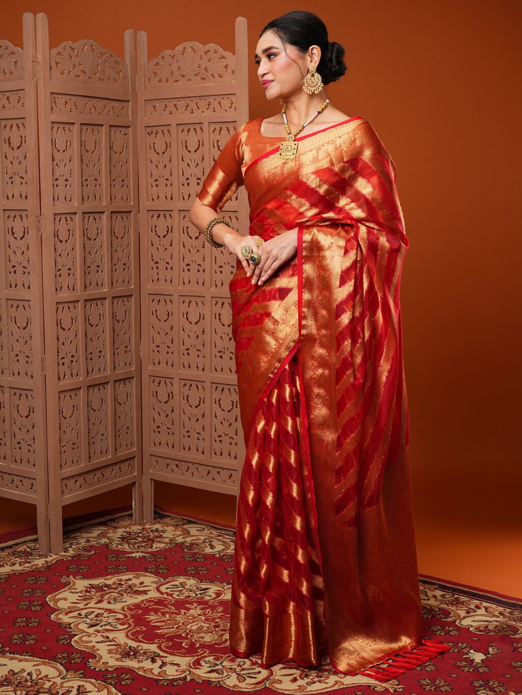 Regal Red Organza Zari Wedding Saree - Image 2