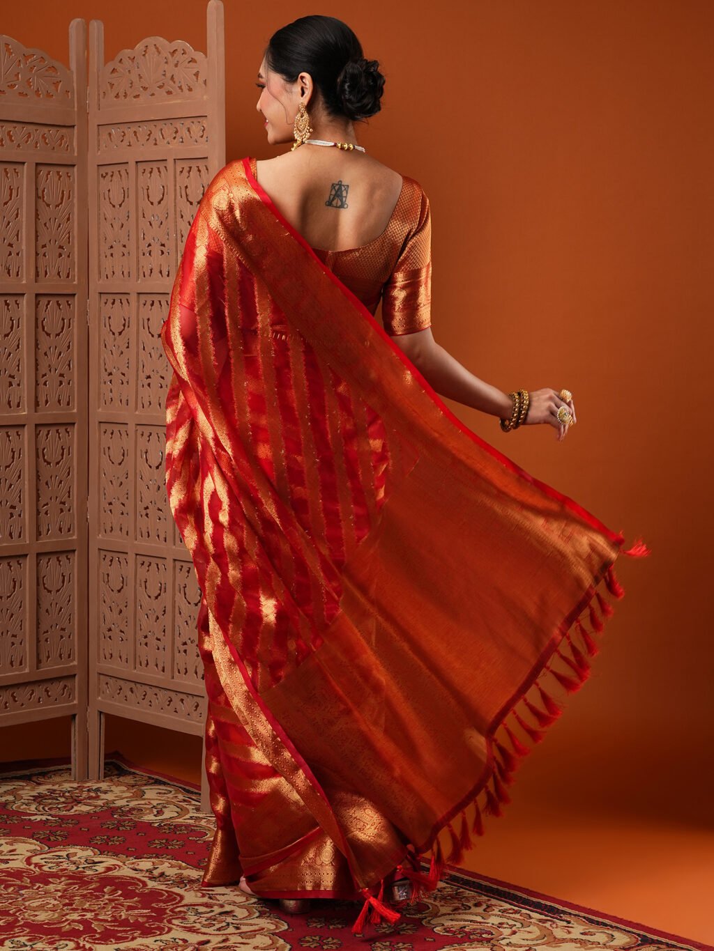 Regal Red Organza Zari Wedding Saree - Image 3