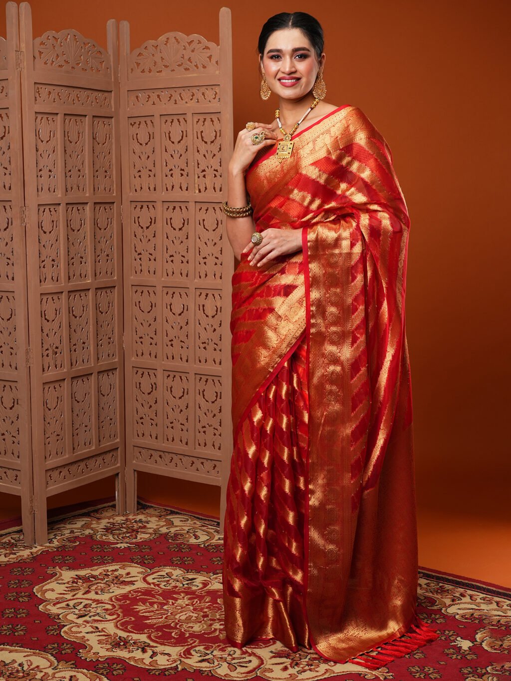 Regal Red Organza Zari Wedding Saree - Image 4
