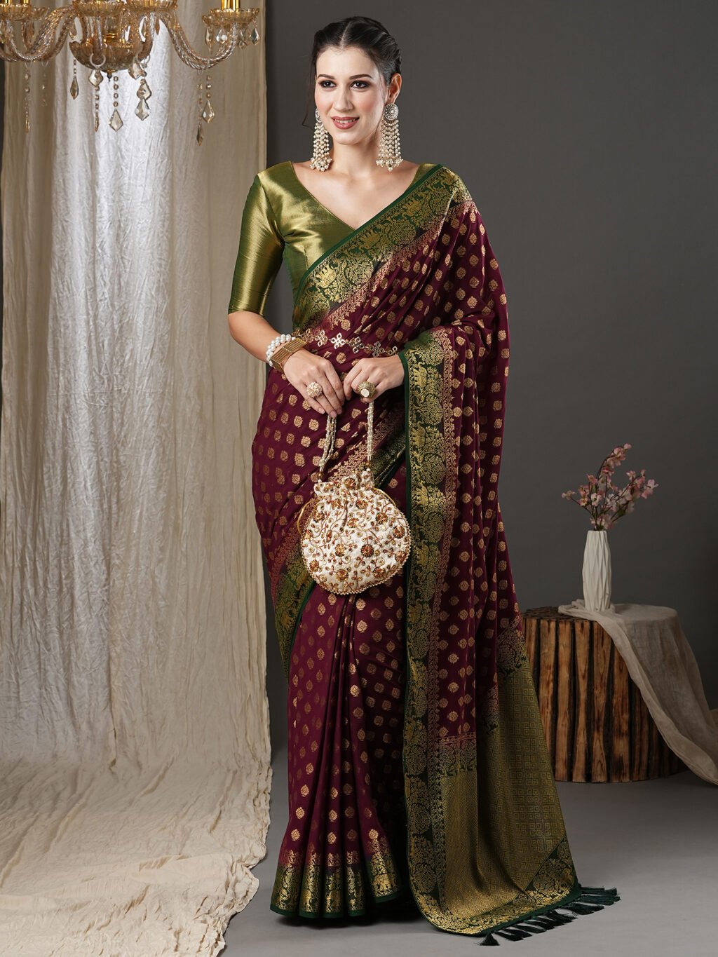 Exquisite Burgundy Georgette Banarasi Saree - Image 3