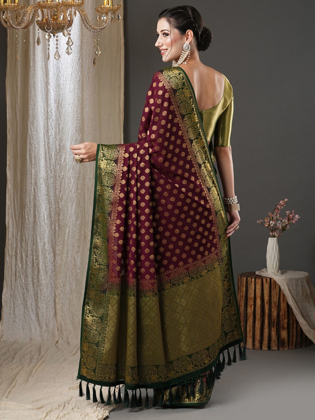 Exquisite Burgundy Georgette Banarasi Saree - Image 2