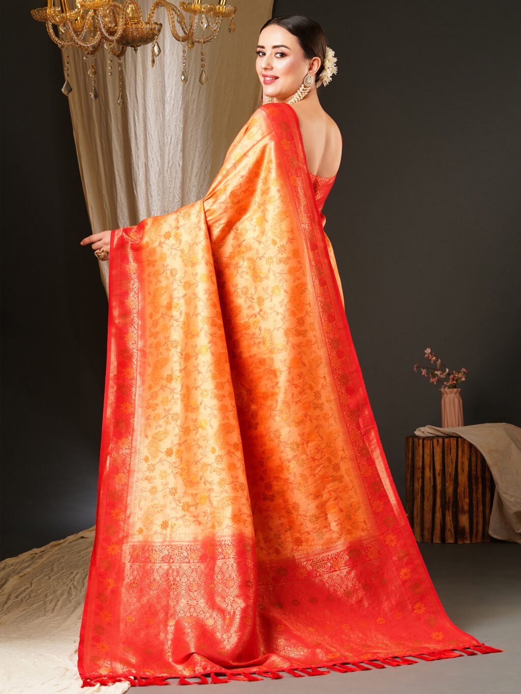 Orange Banarasi Floral Silk Saree - Image 2