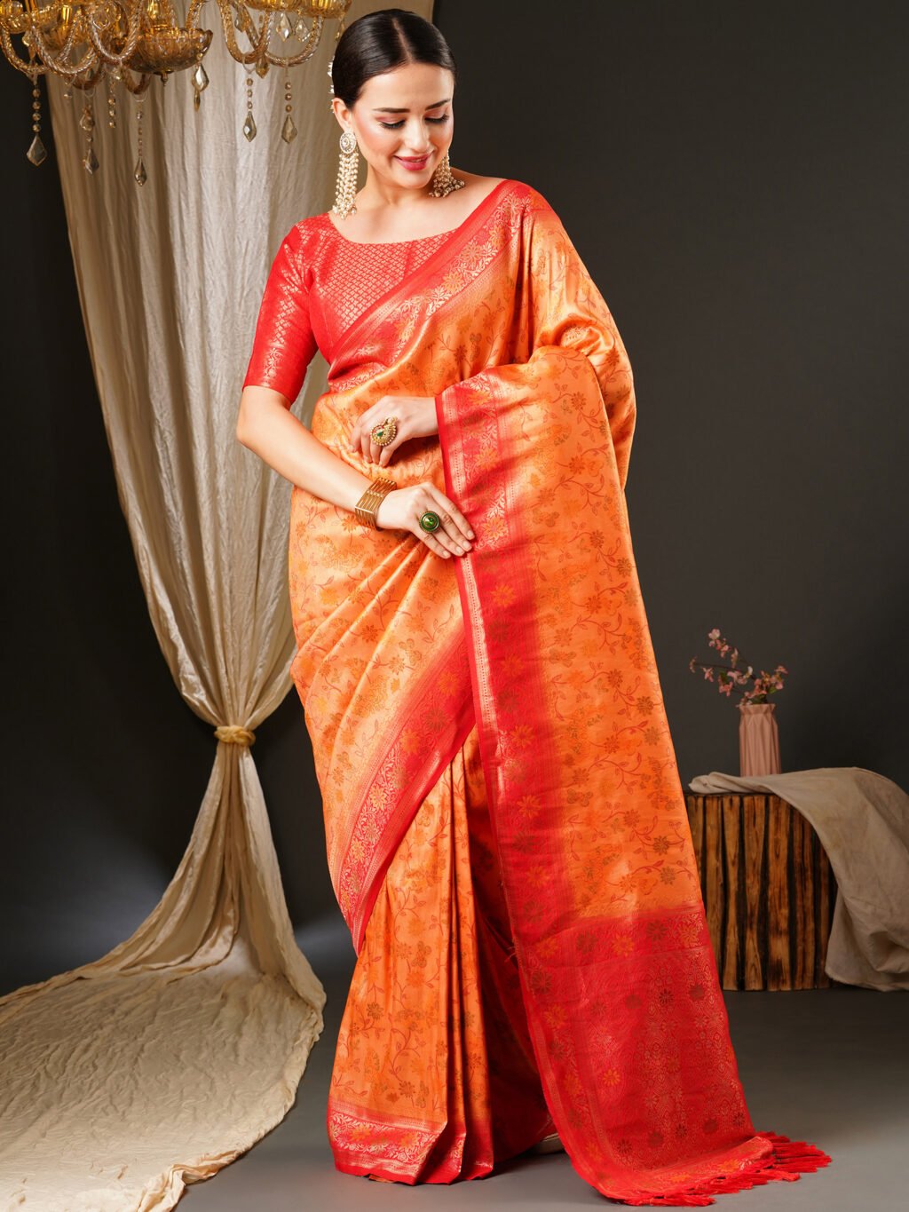 Orange Banarasi Floral Silk Saree