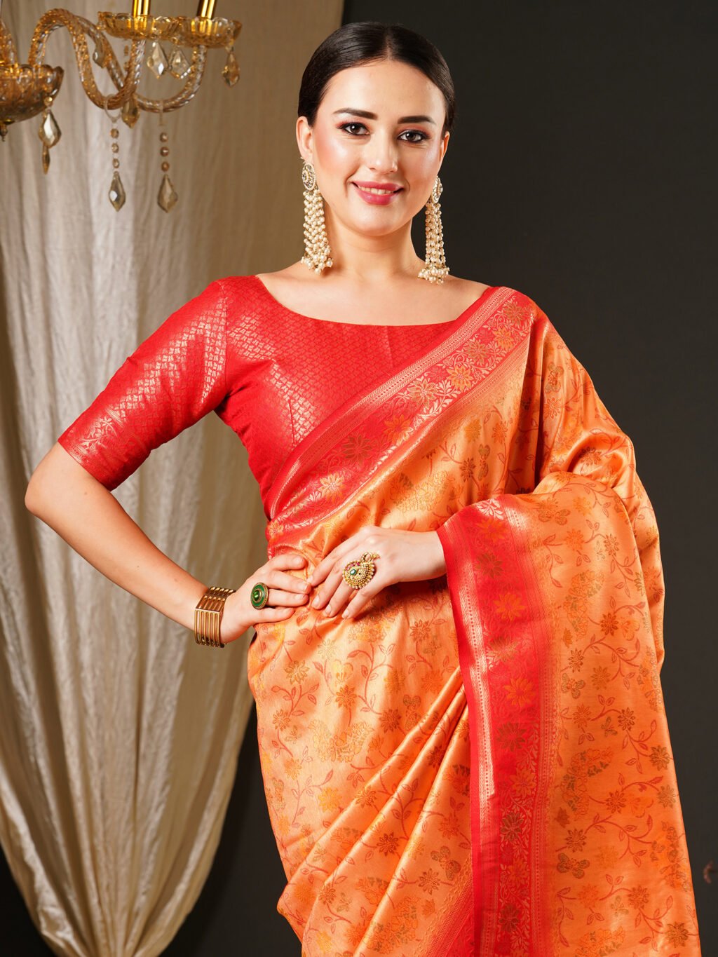 Orange Banarasi Floral Silk Saree - Image 4
