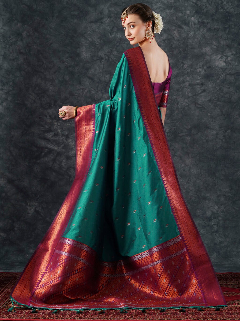 Teal Blue Designer Silk Saree - Image 2