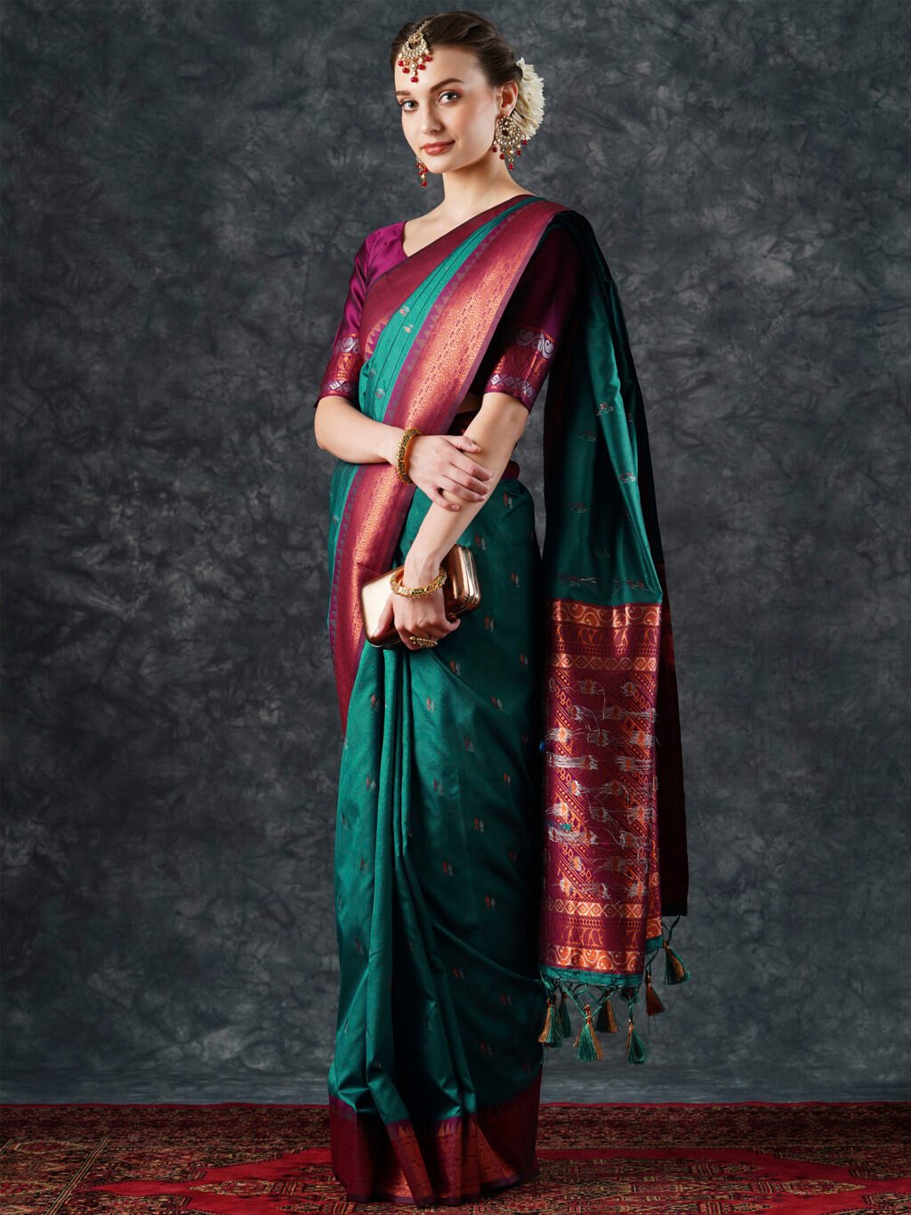 Teal Blue Designer Silk Saree - Image 3