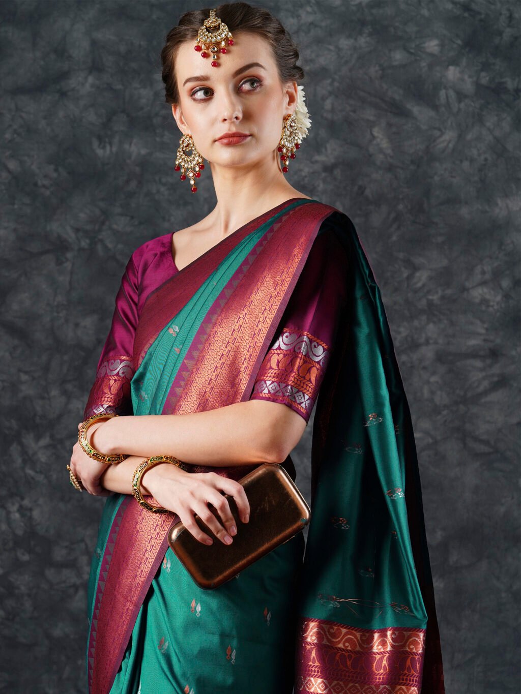 Teal Blue Designer Silk Saree - Image 4