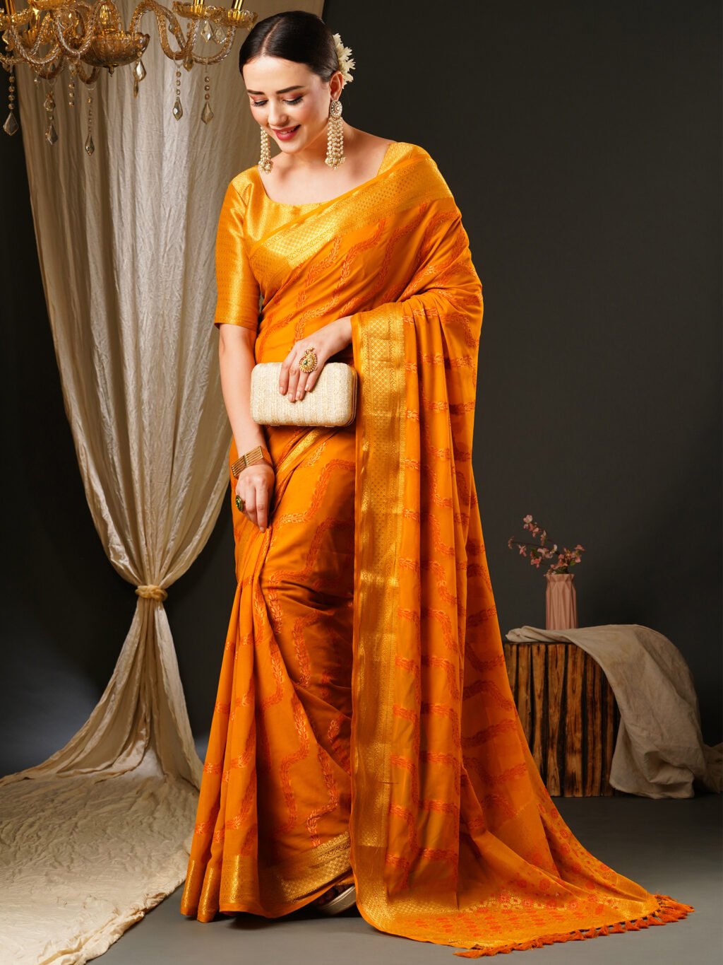 Yellow Flowing Georgette Saree - Image 3