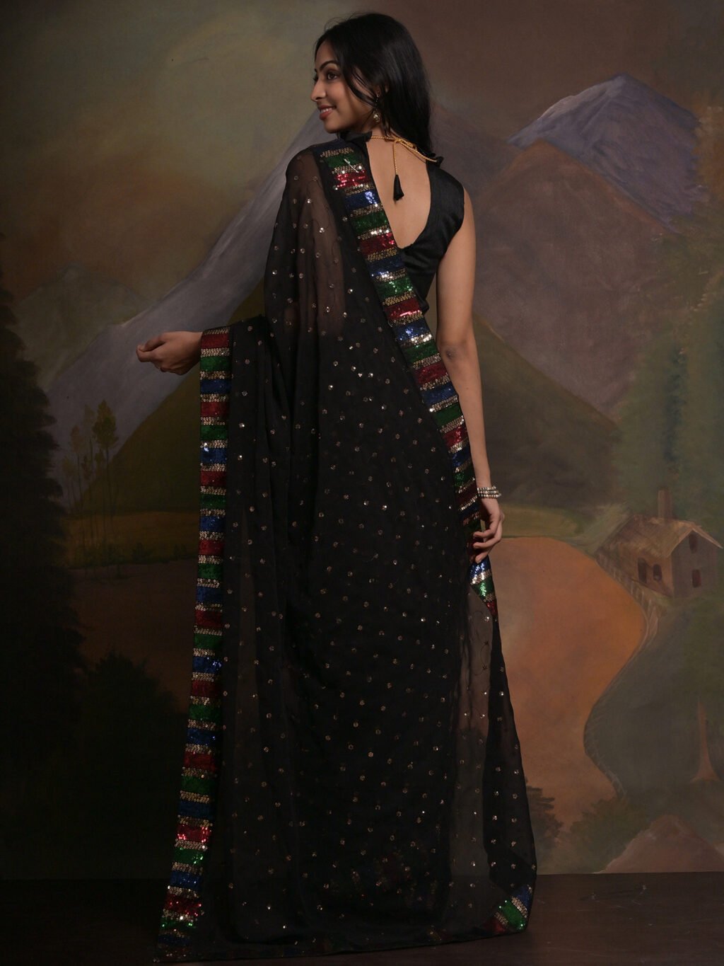 Timeless Black Designer Georgette Sequins Saree - Image 2