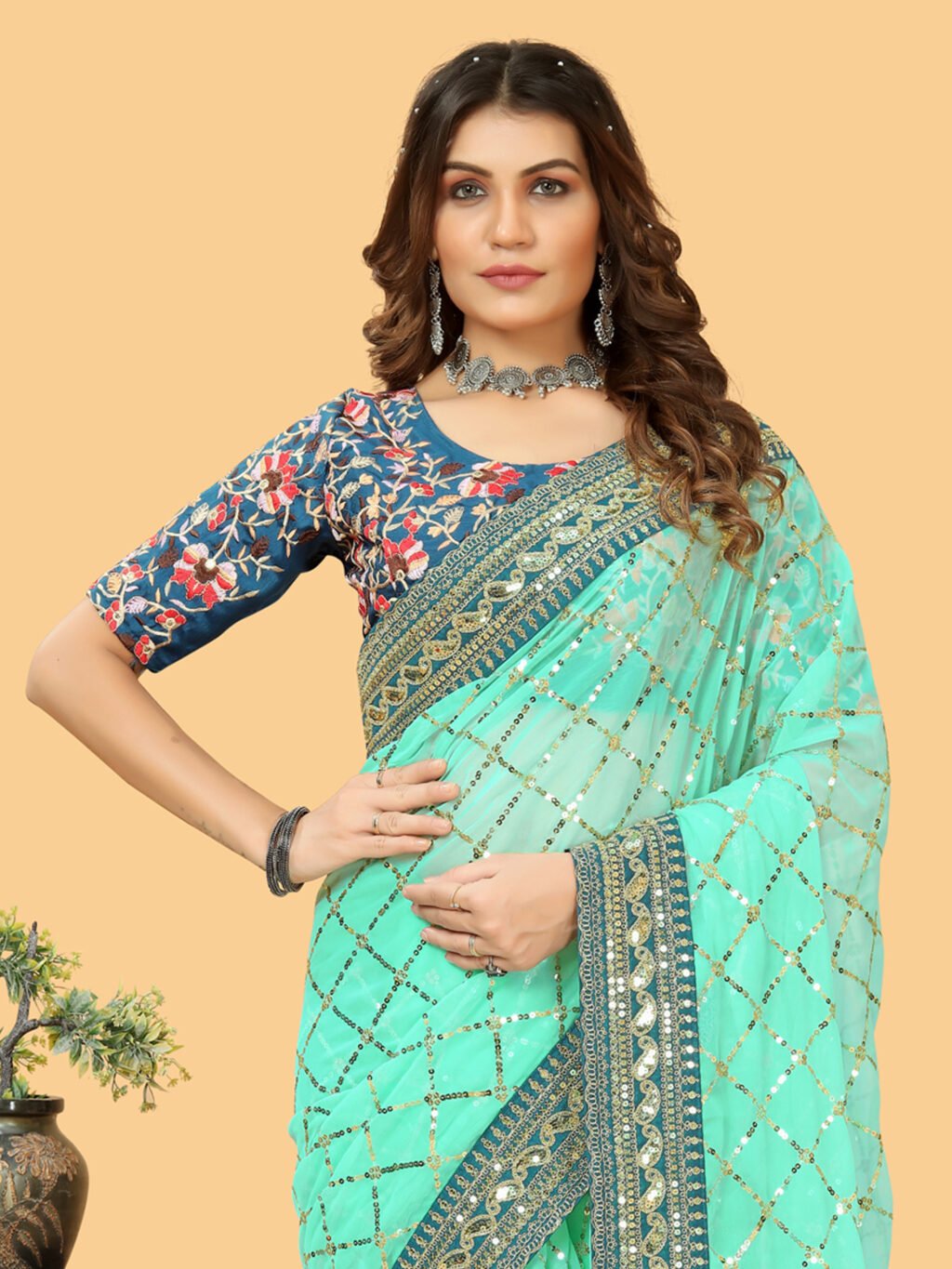 Turquoise Designer Georgette Sequins Saree - Image 2