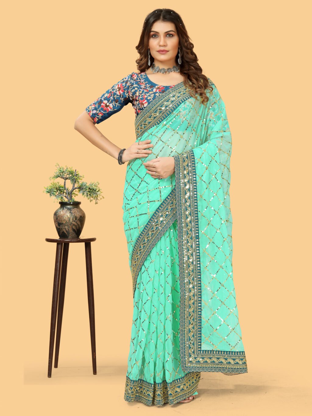 Turquoise Designer Georgette Sequins Saree