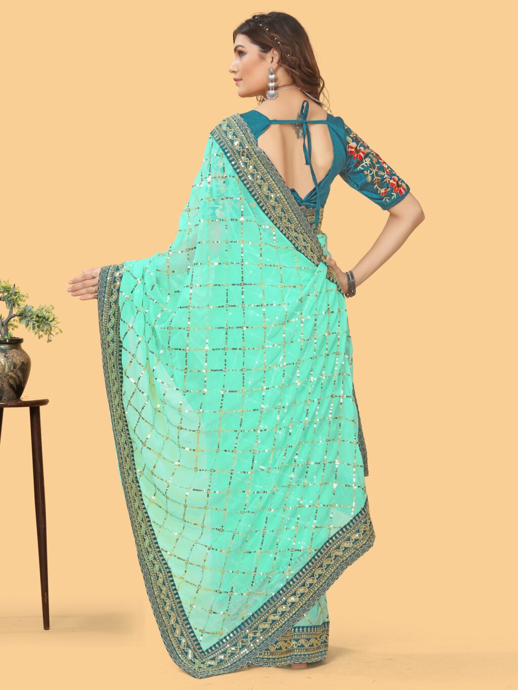 Turquoise Designer Georgette Sequins Saree - Image 3