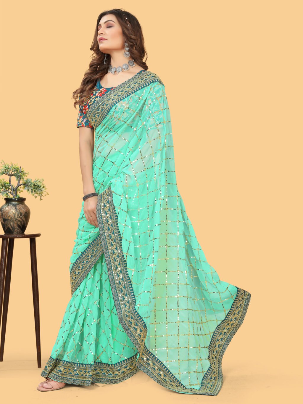 Turquoise Designer Georgette Sequins Saree - Image 4