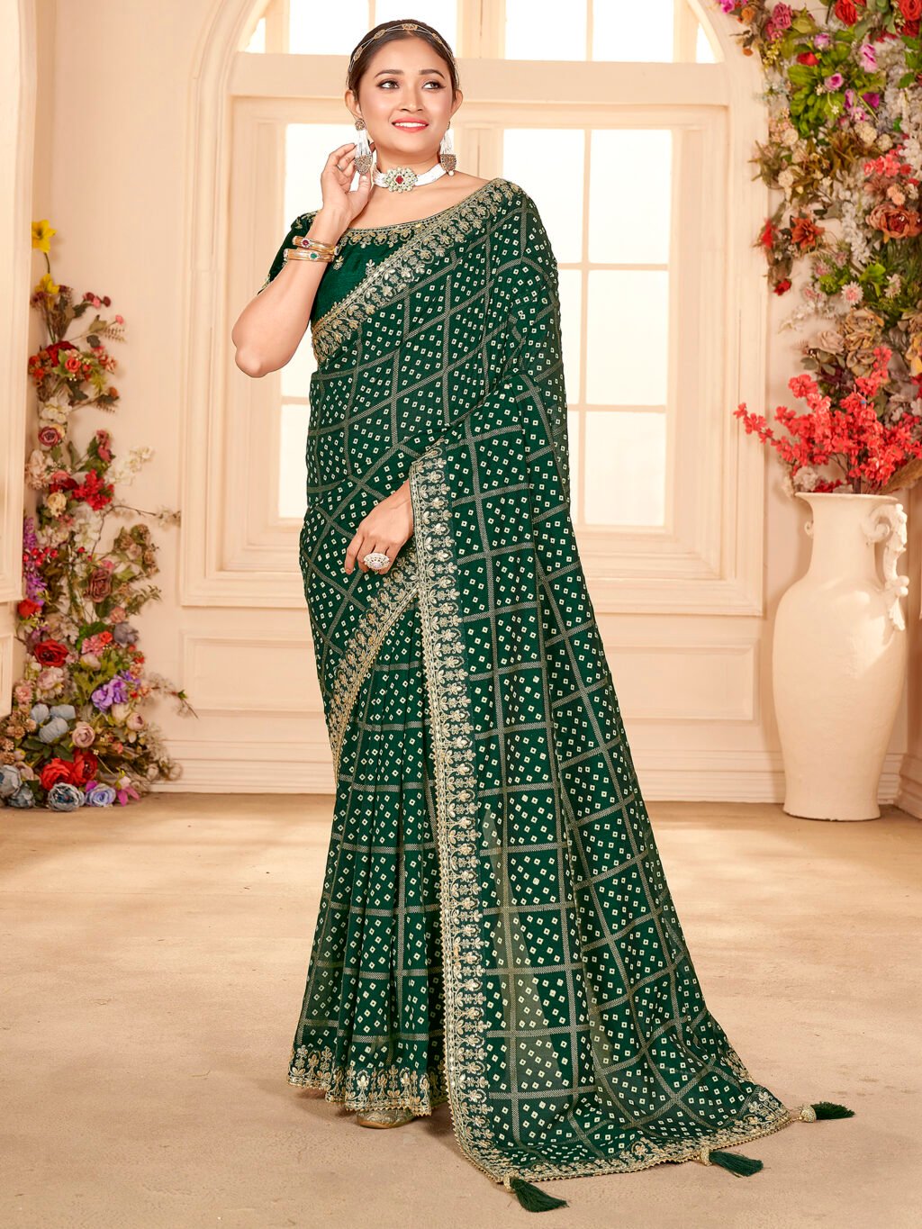 Radiant Green Bandhani Georgette Saree