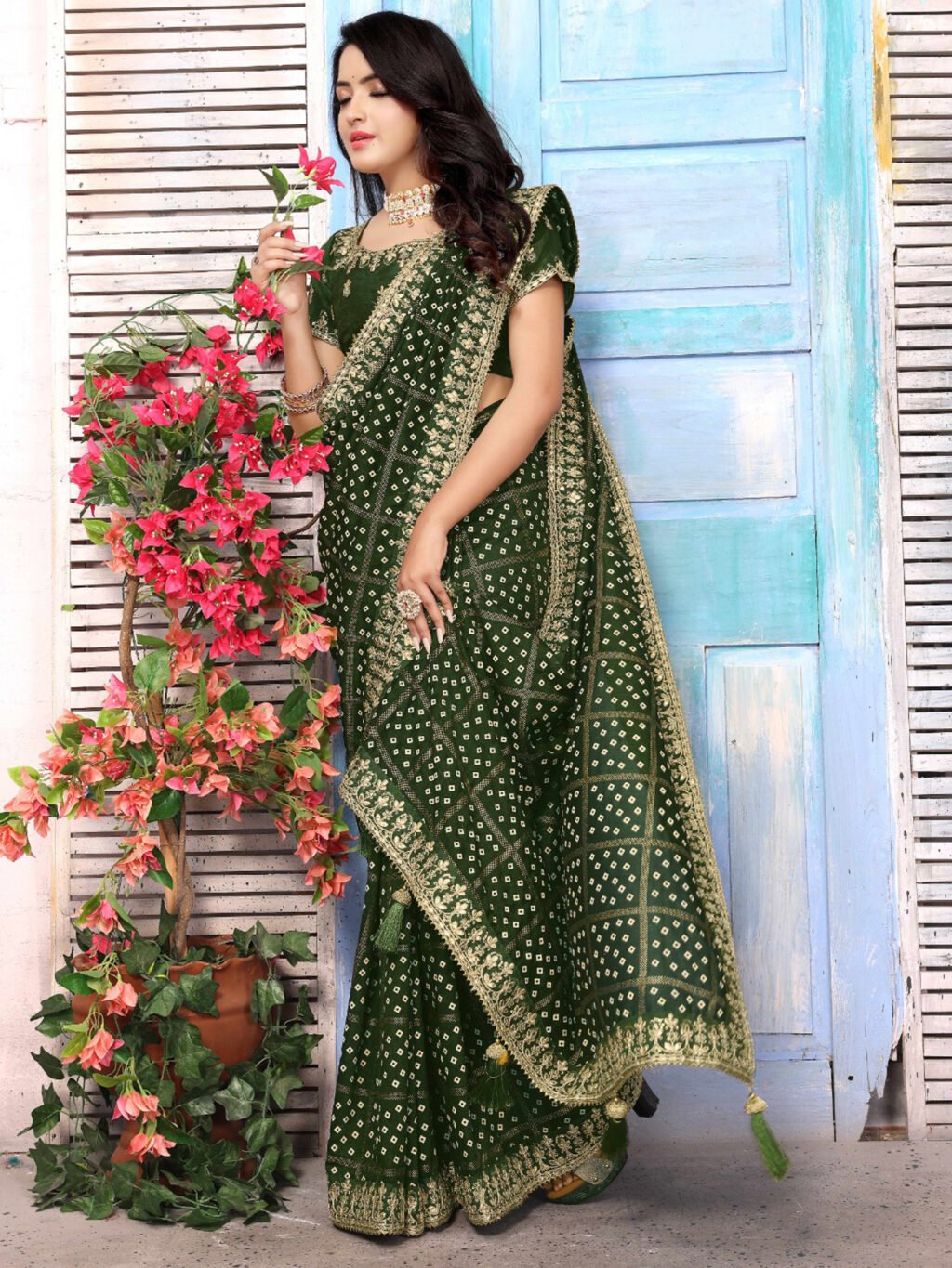 Radiant Green Bandhani Designer Georgette Saree - Image 3
