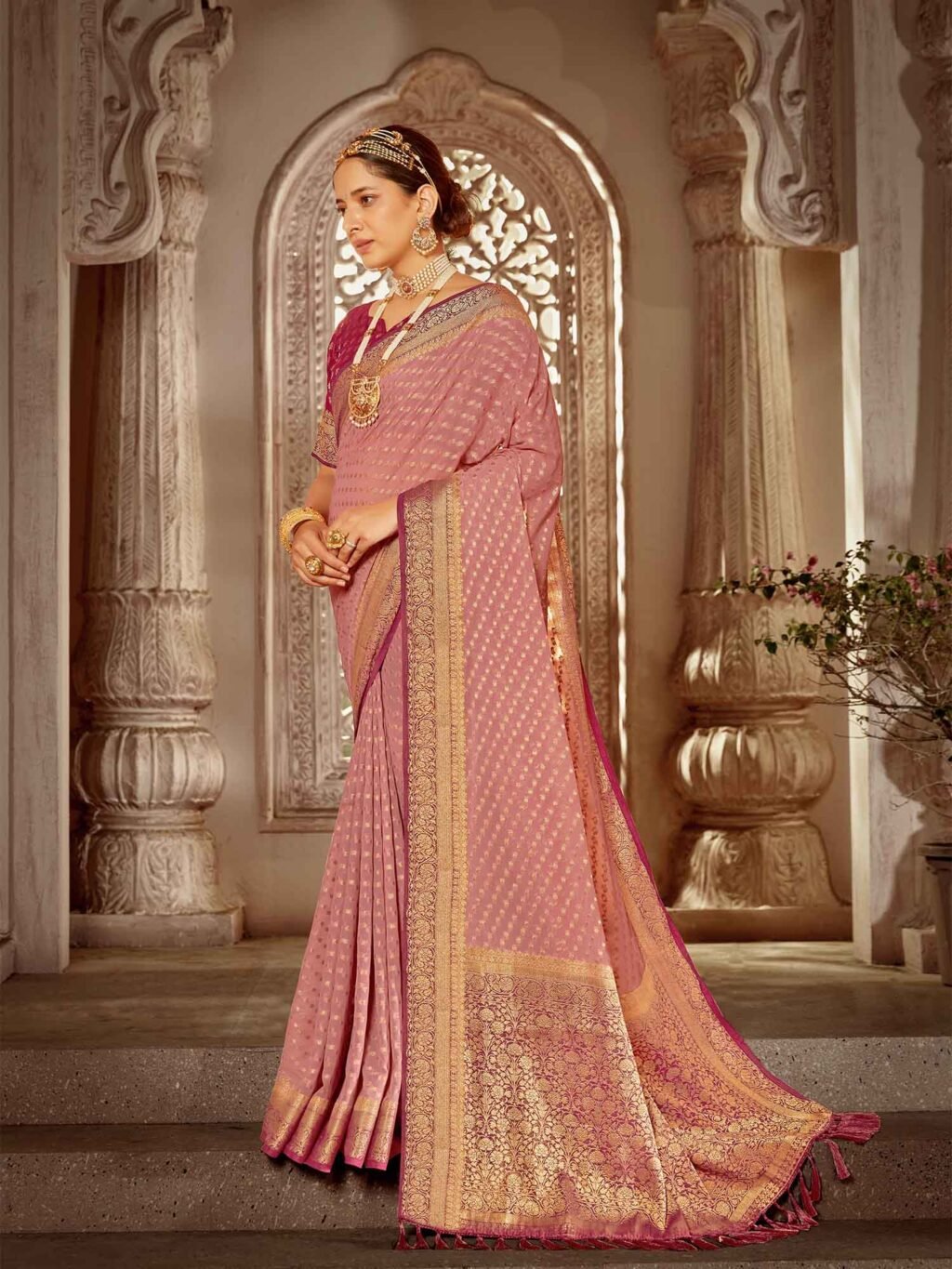 Elegant Pink Flowing Georgette Digital Print Saree - Image 2