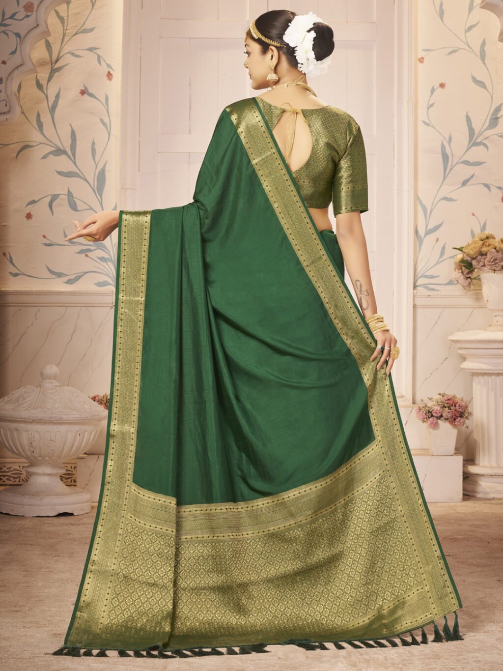 Dark Green Designer Zari Saree - Image 2