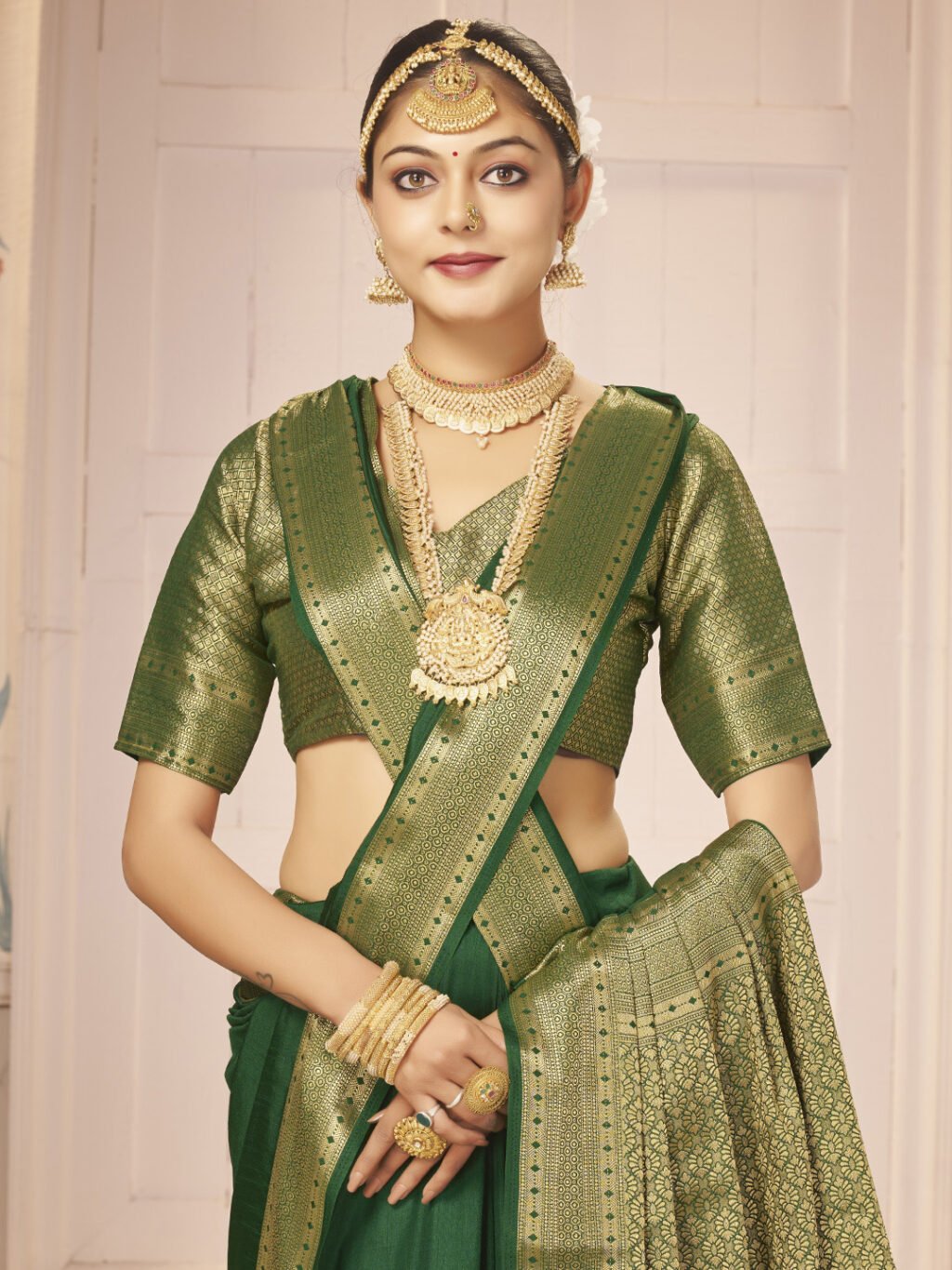 Dark Green Designer Zari Saree - Image 3