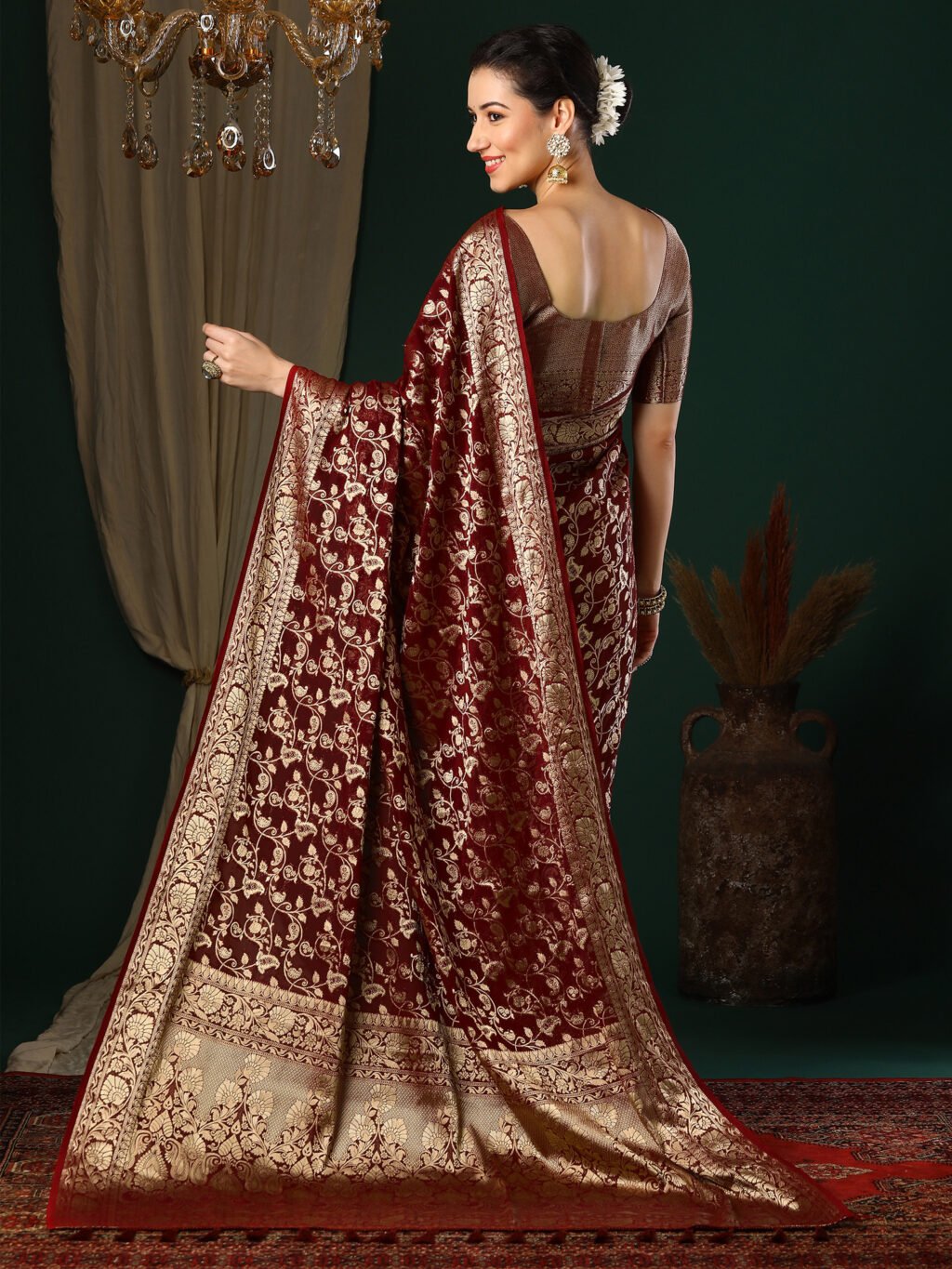 Opulent Maroon Banarasi Georgette Silk Saree - Image 2