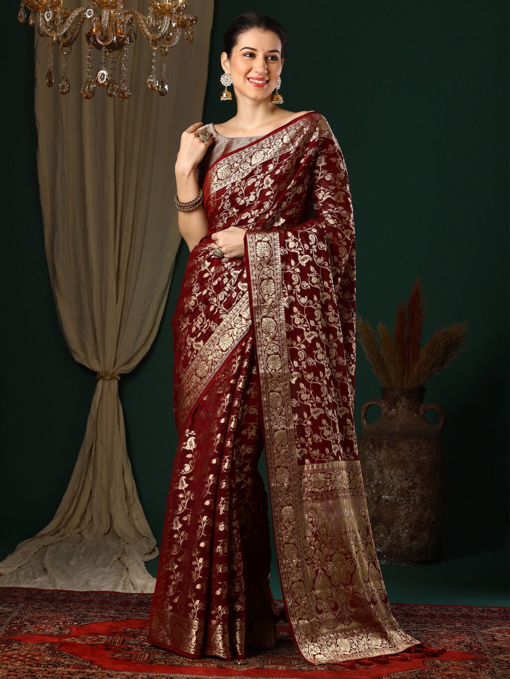 Opulent Maroon Banarasi Georgette Silk Saree