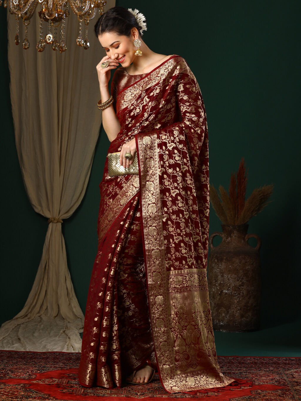 Opulent Maroon Banarasi Georgette Silk Saree - Image 3