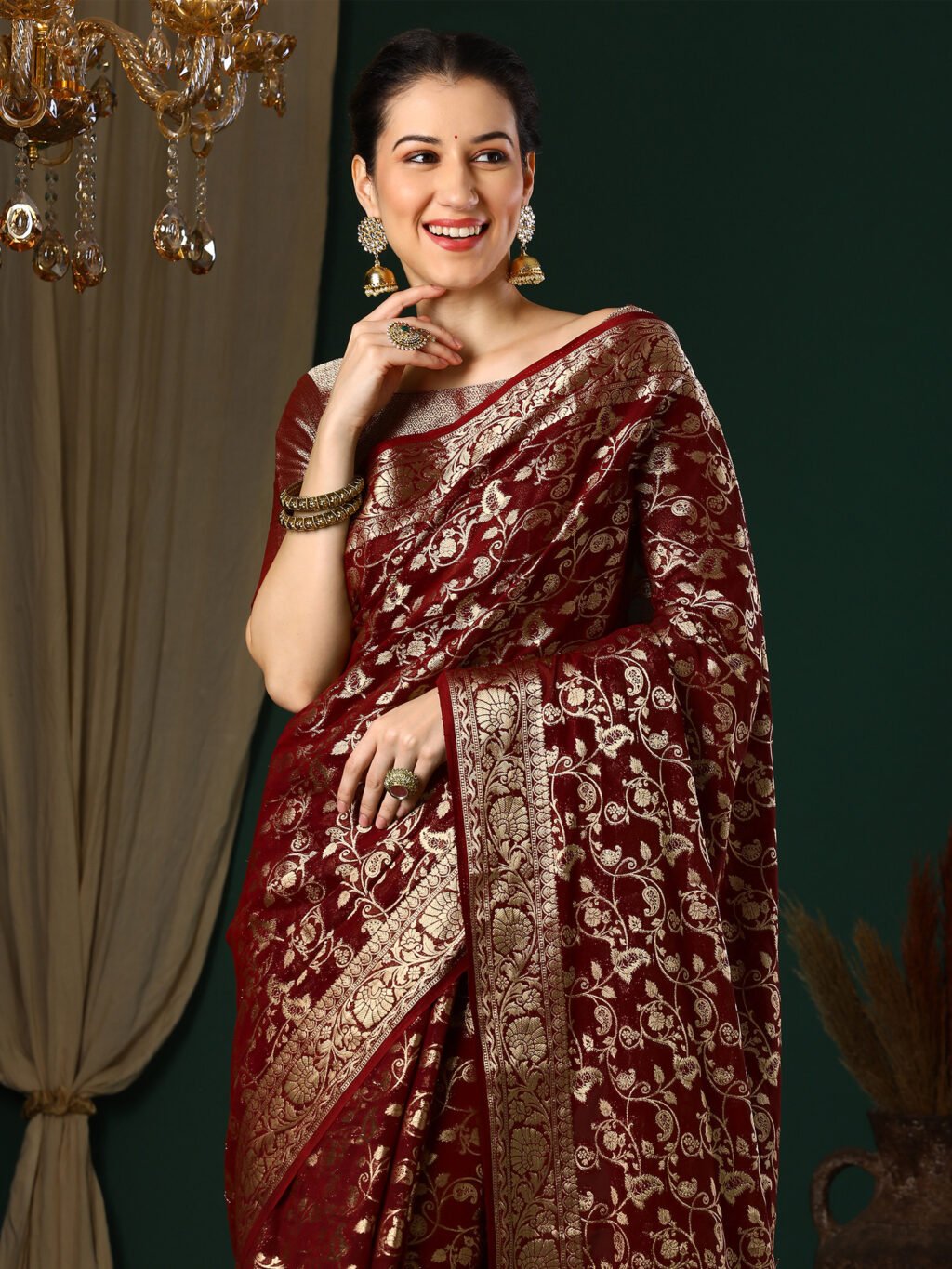 Opulent Maroon Banarasi Georgette Silk Saree - Image 4