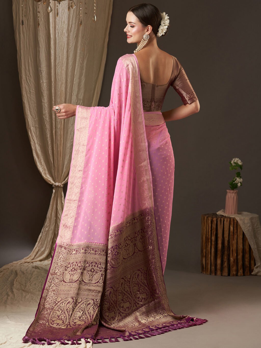 Radiant Pink Banarasi Georgette Saree - Image 3