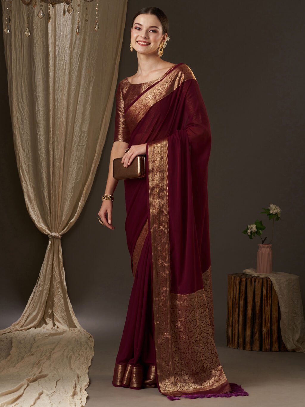 Heritage Burgundy Kanjeevaram Georgette Saree - Image 4