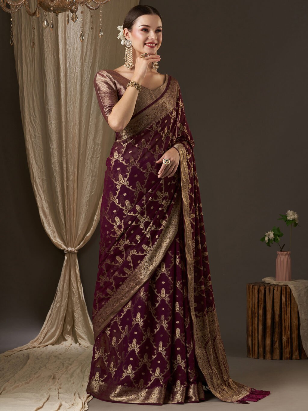 Opulent Purple Banarasi Georgette Saree - Image 4