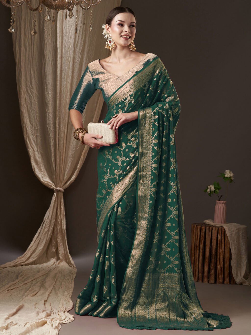 Regal Green Flowing Georgette Banarasi Saree - Image 3