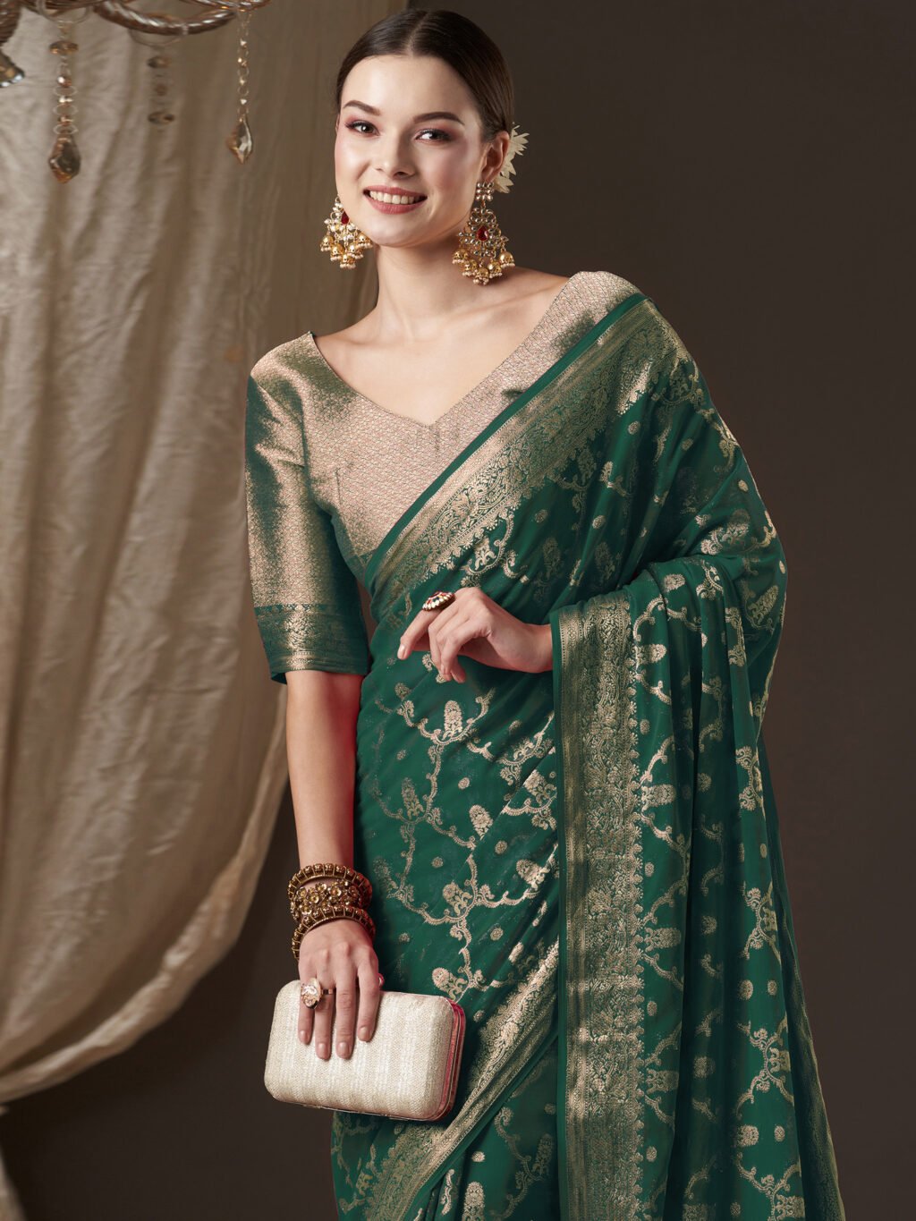 Regal Green Flowing Georgette Banarasi Saree - Image 4