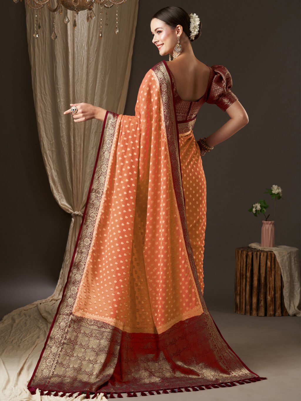 Regal Peach Flowing Georgette Silk Saree - Image 2