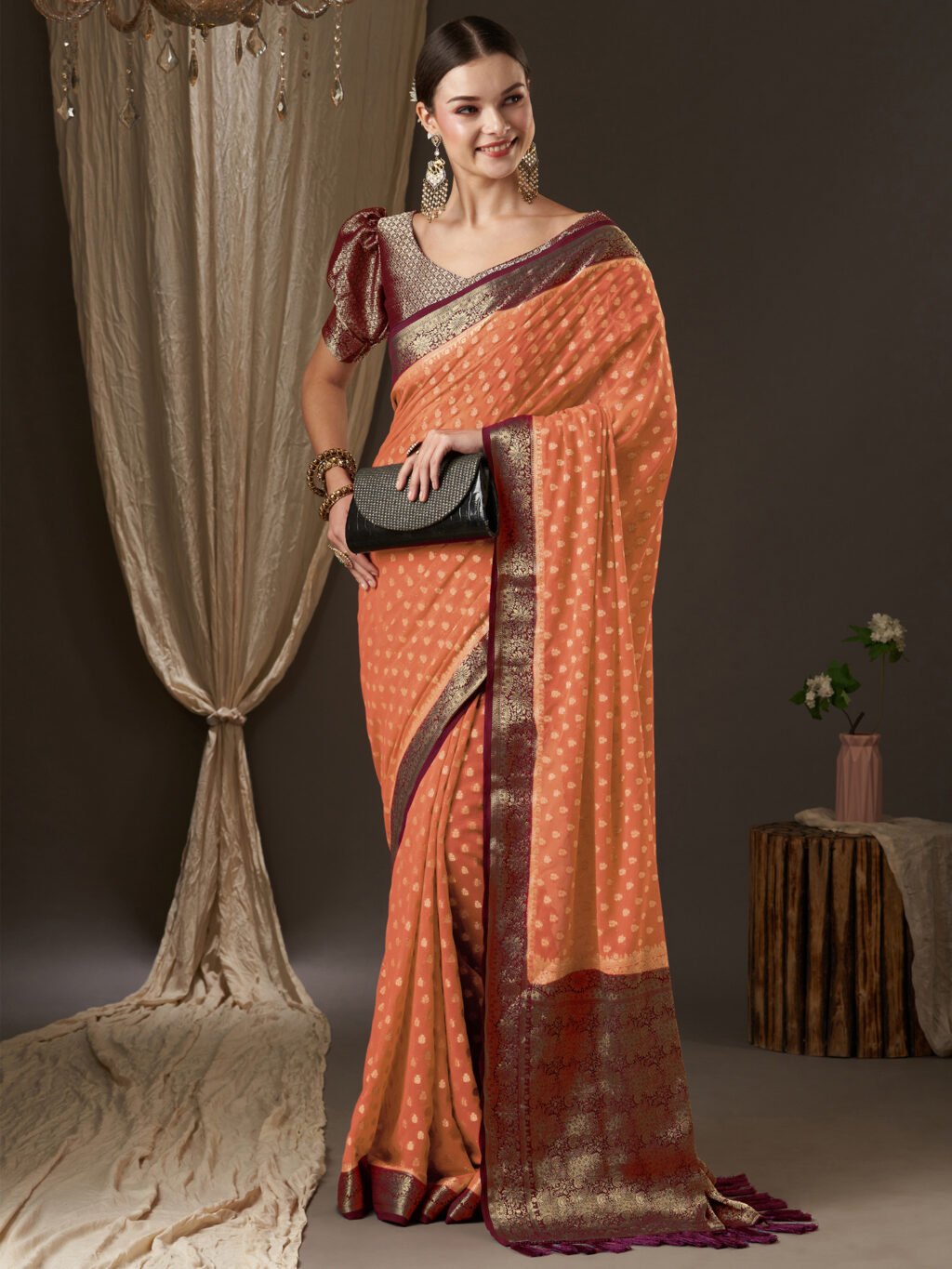 Regal Peach Flowing Georgette Silk Saree - Image 3