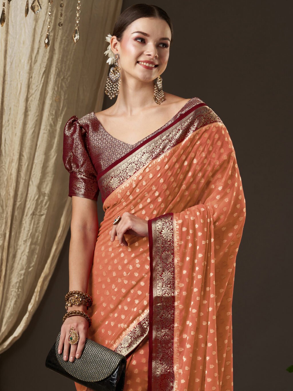 Regal Peach Flowing Georgette Silk Saree - Image 4