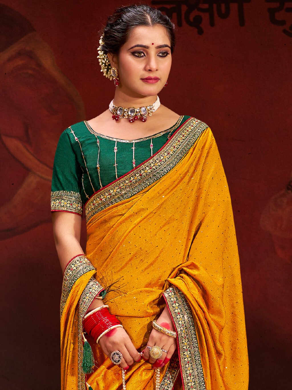 Radiant Yellow Vichitra Silk Designer Saree - Image 2