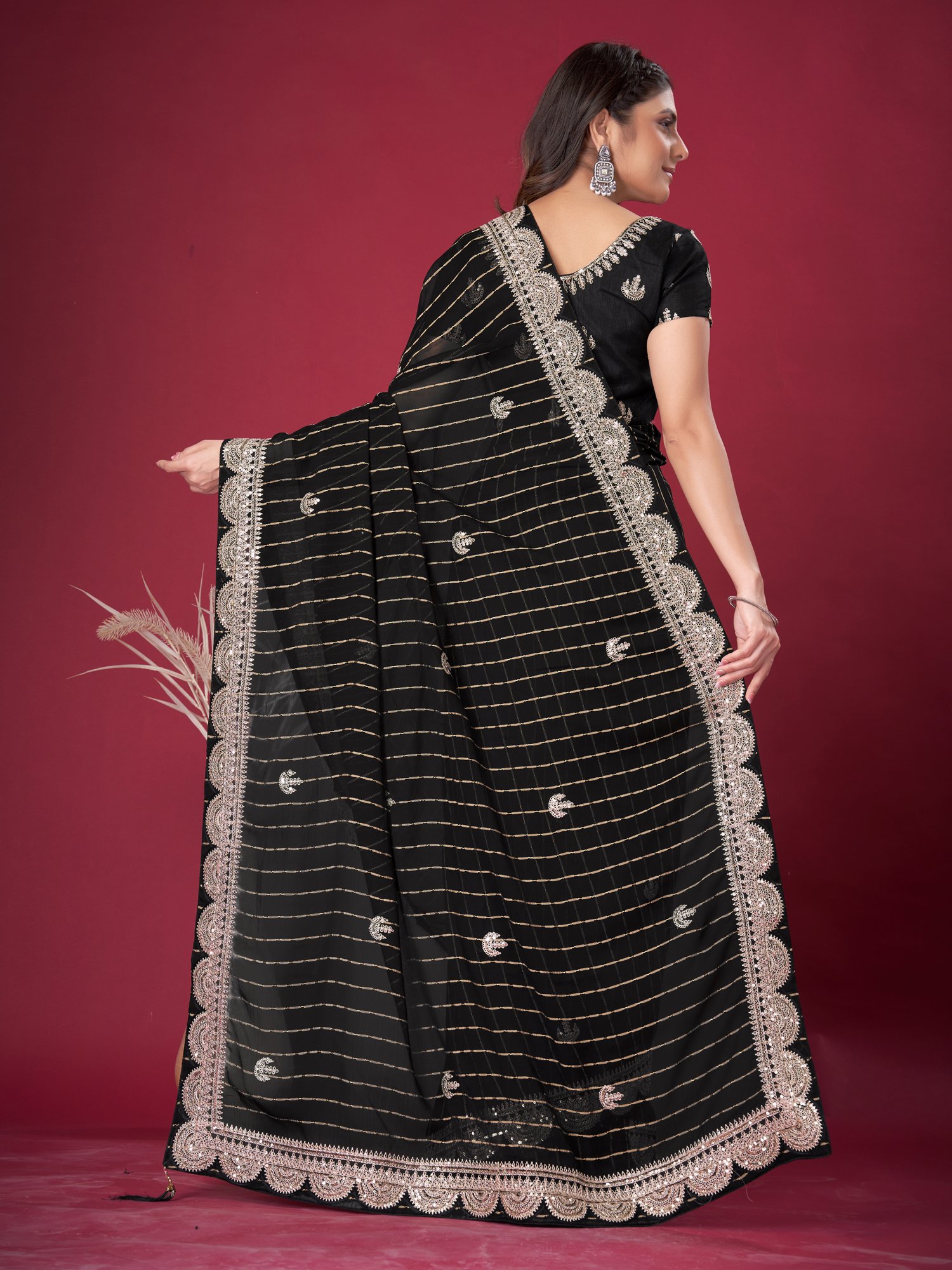 Stripe Black Sheer Chiffon Designer Saree