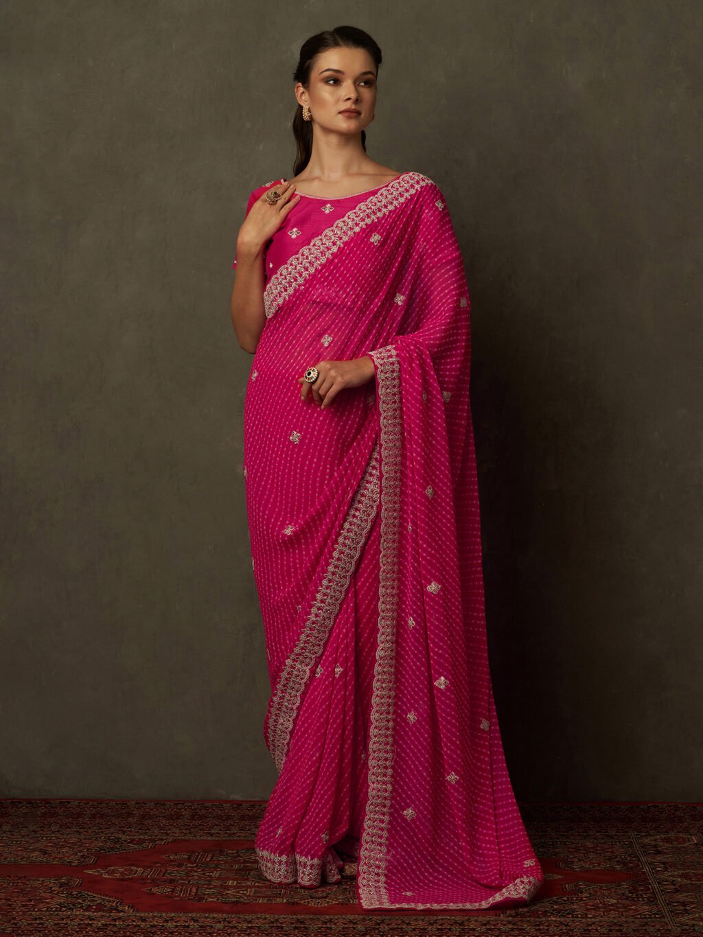 Pink Bandhani Georgette Print Saree