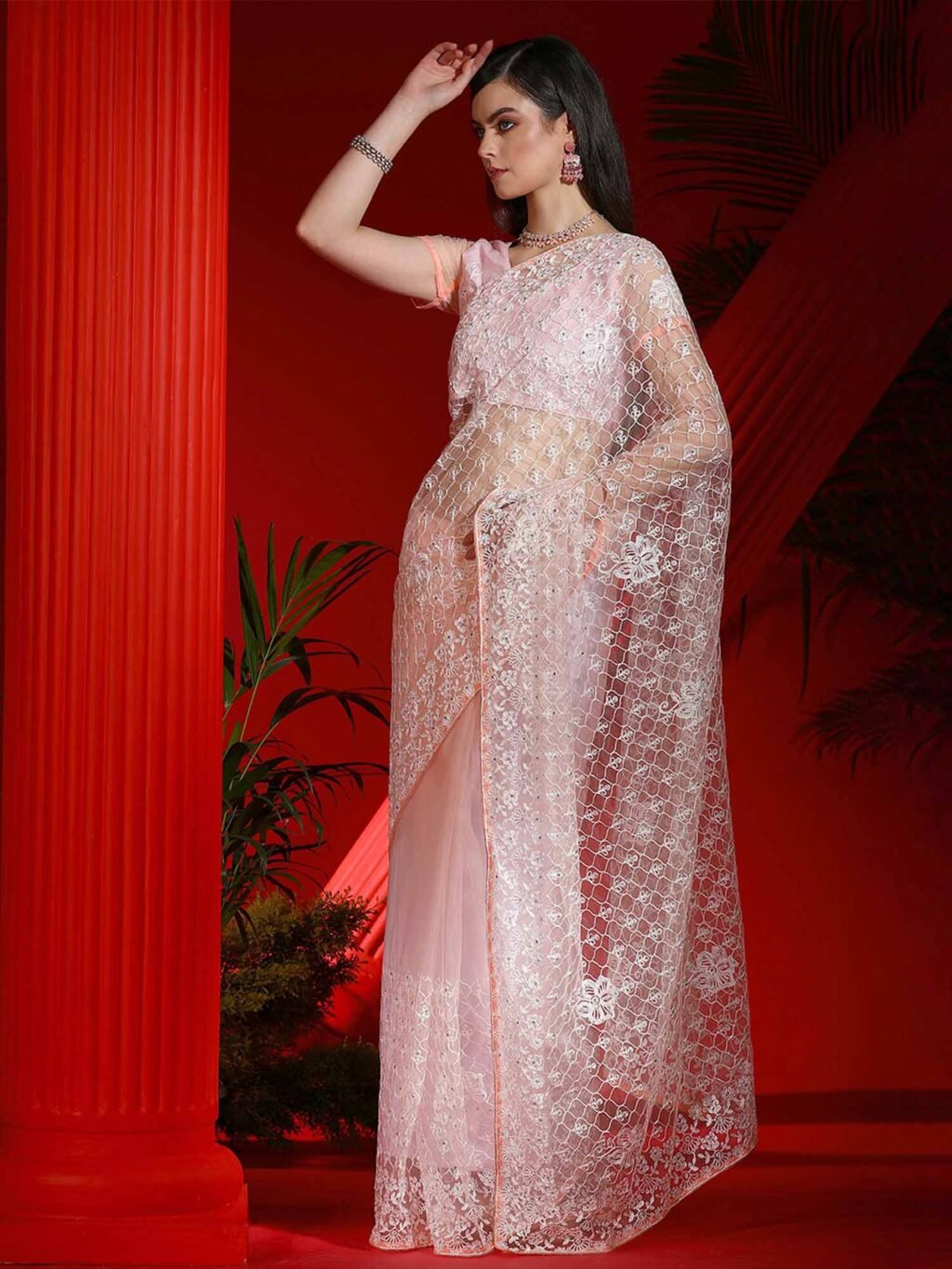 Heritage Pink Designer White Thread Saree - Image 3