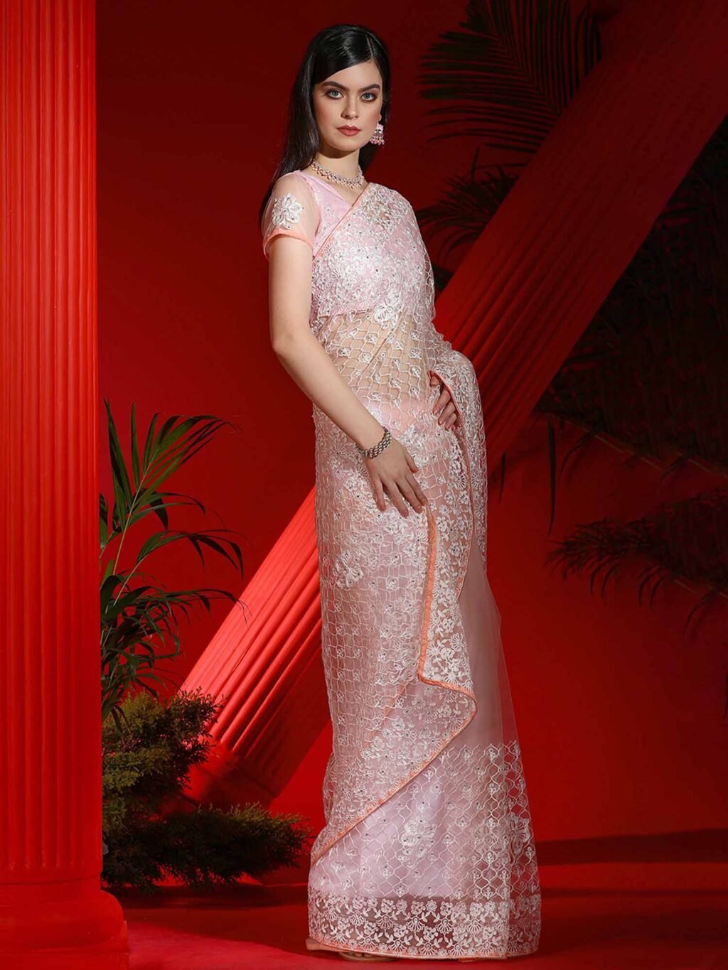 Heritage Pink Designer White Thread Saree - Image 4