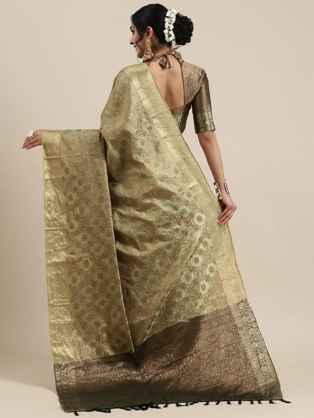 Timeless Olive Banarasi Silk Saree - Image 2