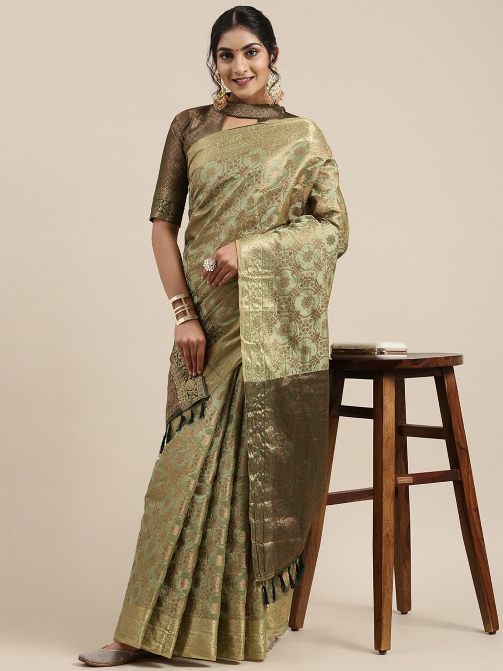 Timeless Olive Banarasi Silk Saree - Image 3