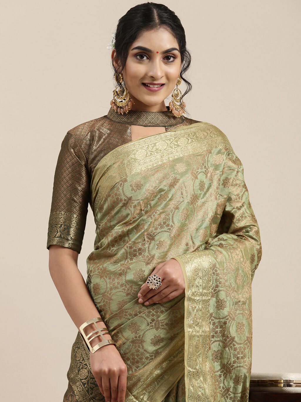 Timeless Olive Banarasi Silk Saree - Image 4