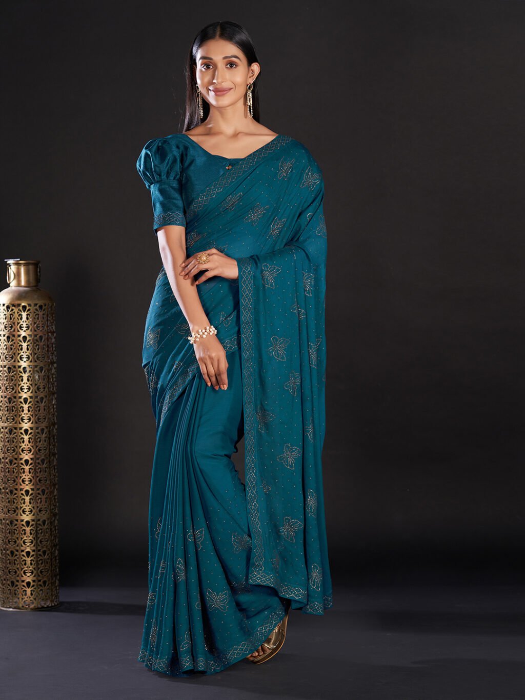 Opulent Teal Blue Satin Digital Print Saree