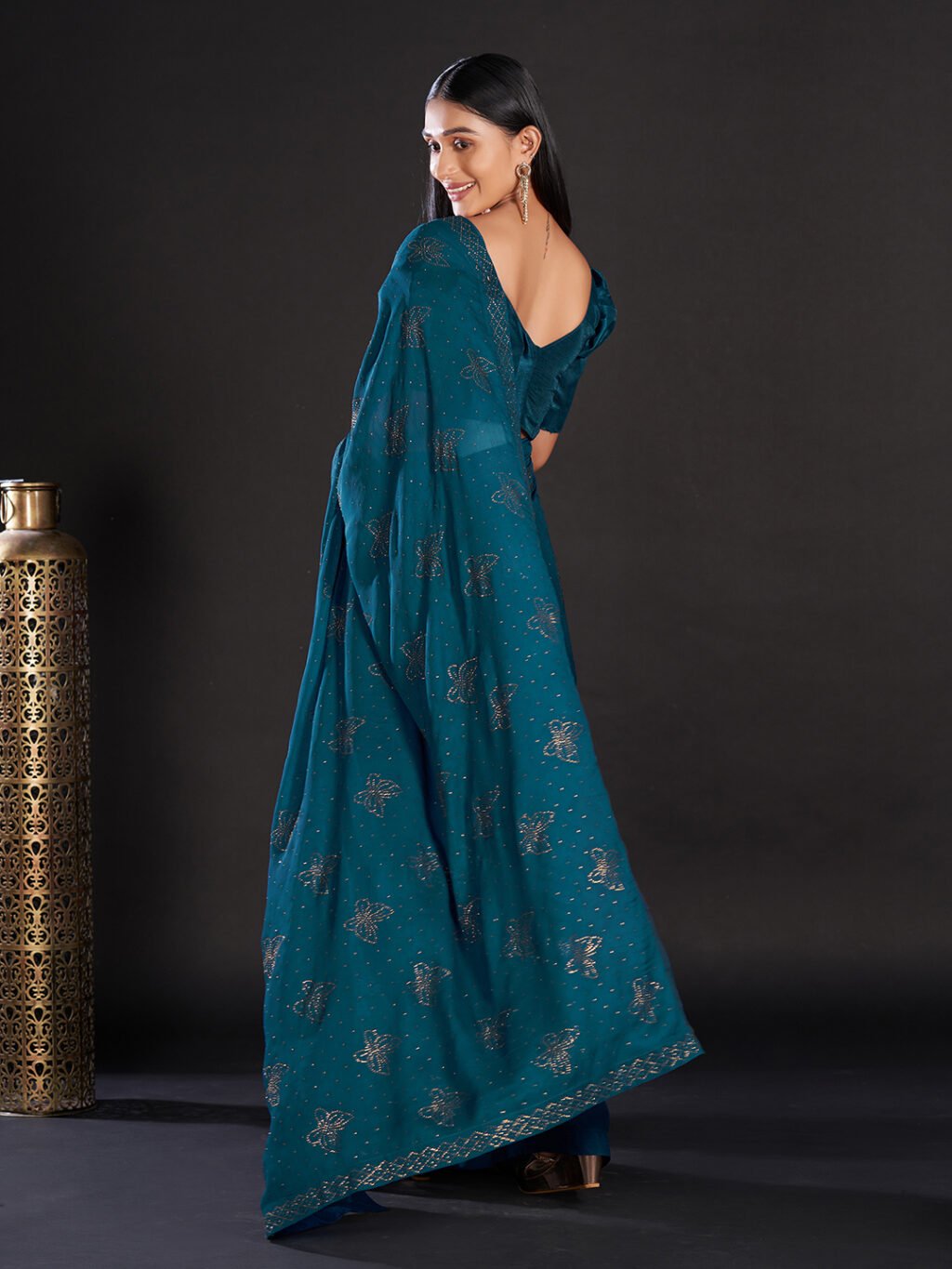 Opulent Teal Blue Satin Digital Print Saree - Image 3