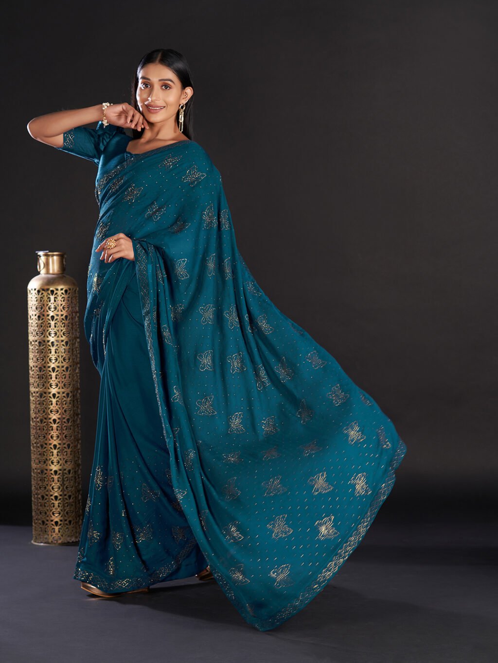 Opulent Teal Blue Satin Digital Print Saree - Image 2