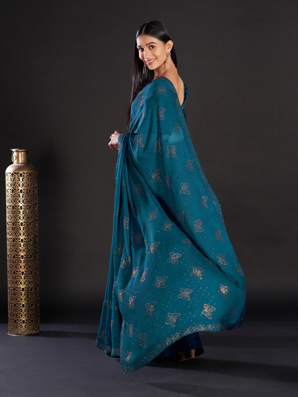 Opulent Teal Blue Satin Digital Print Saree - Image 4