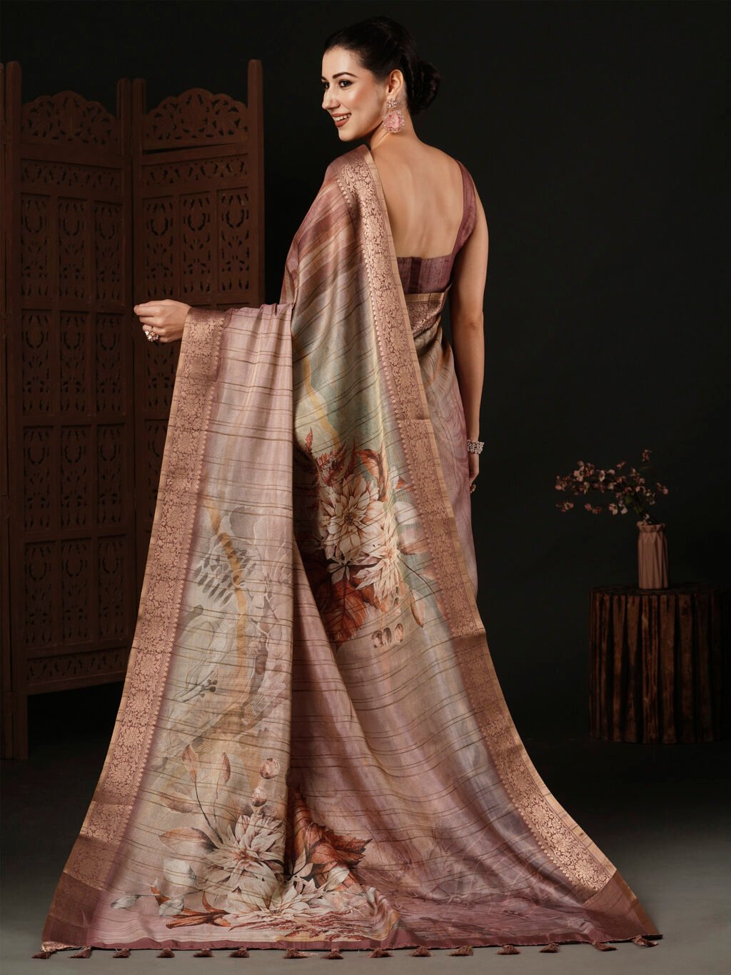 Exquisite Brown Digital Printed Silk Saree - Image 2