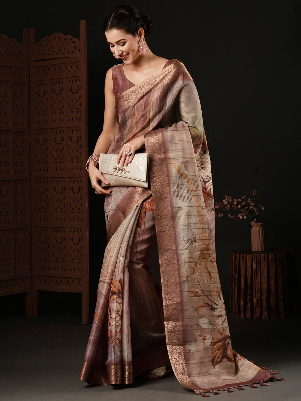 Exquisite Brown Digital Printed Silk Saree - Image 3