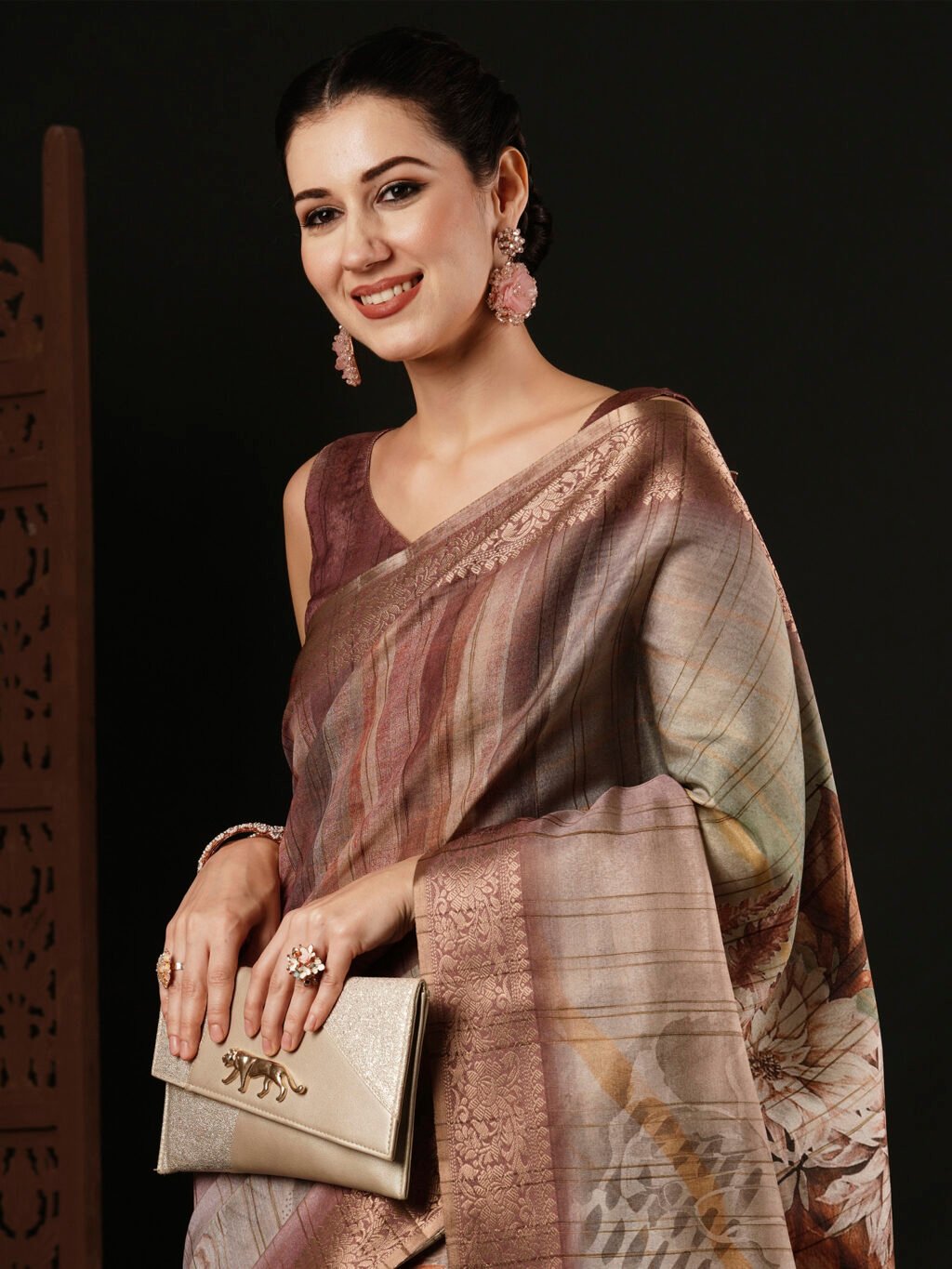 Exquisite Brown Digital Printed Silk Saree - Image 4