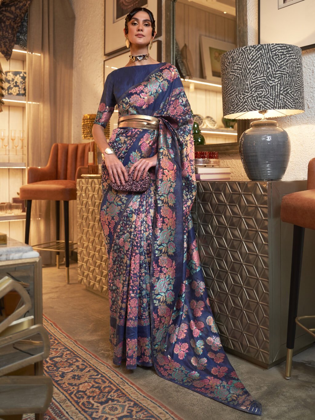Elegant Navy Blue Designer Zari Woven Exclusive Saree